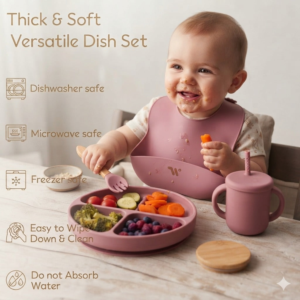 7-Piece Silicone Baby Feeding Set with Bib, Plate, Bowl & Cup