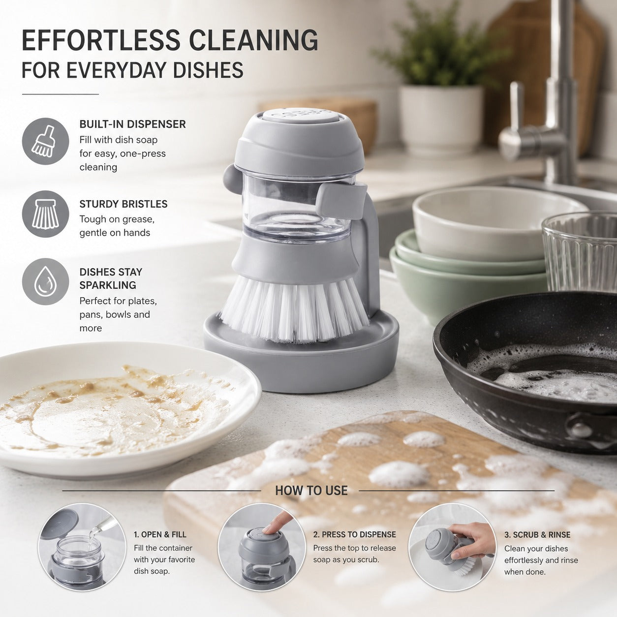 Soap Dispensing Kitchen Scrub Brush – Automatic Dish & Pot Cleaning Brush